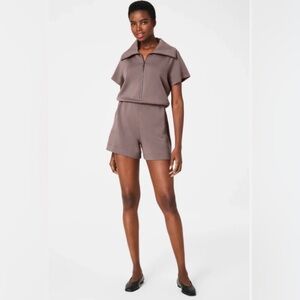 Taupe Short-Sleeve Zip Romper - Women